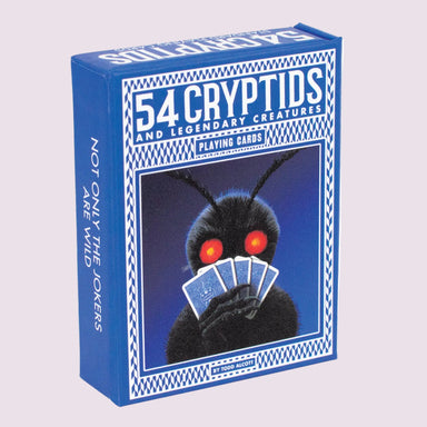 Card game box titled '54 Cryptids and Legendary Creatures' with a creature holding cards on a blue background.