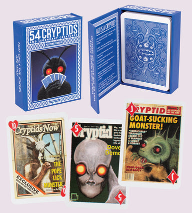 Cryptid-themed playing cards with packaging and cards displayed.
