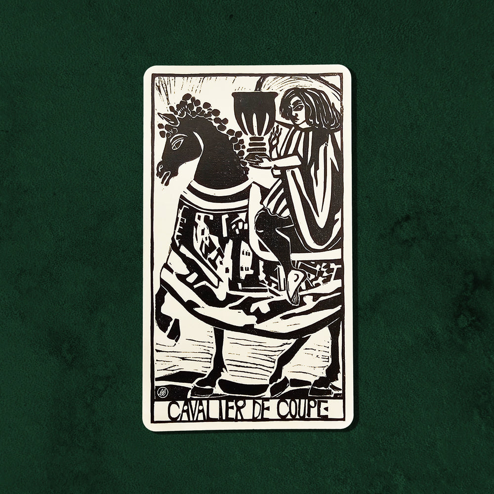 Cavalier de Coupe (Knight of Cups) card from the Lux Tarot, depicting a mounted rider presenting a ceremonial cup in UUSI's hand-carved linocut style.