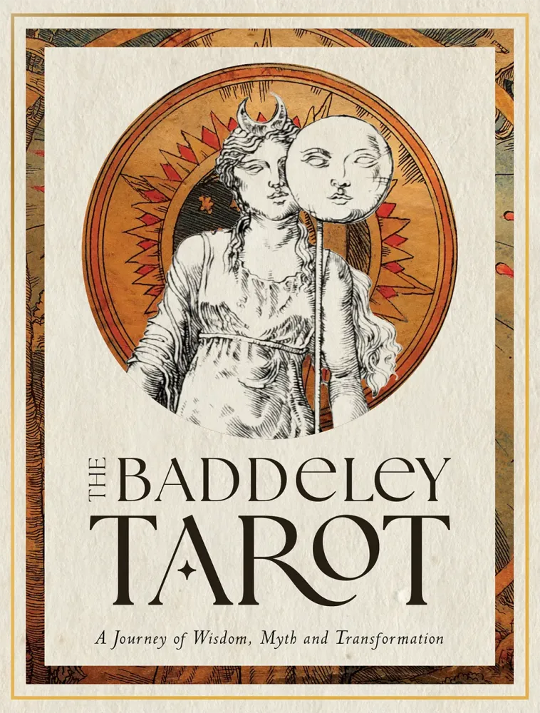 Cover of 'The Baddeley Tarot' with a stylized illustration of a figure holding a moon face.