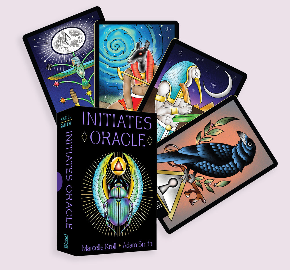 Initiates Oracle box set with featured Egyptian-inspired oracle cards displayed behind the box by Marcella Kroll and Adam Smith