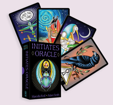 Initiates Oracle box set with featured Egyptian-inspired oracle cards displayed behind the box by Marcella Kroll and Adam Smith