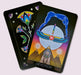 Devotion card from the Initiates Oracle featuring pyramids, the Sphinx, winged solar symbolism, and a cosmic devotional figure