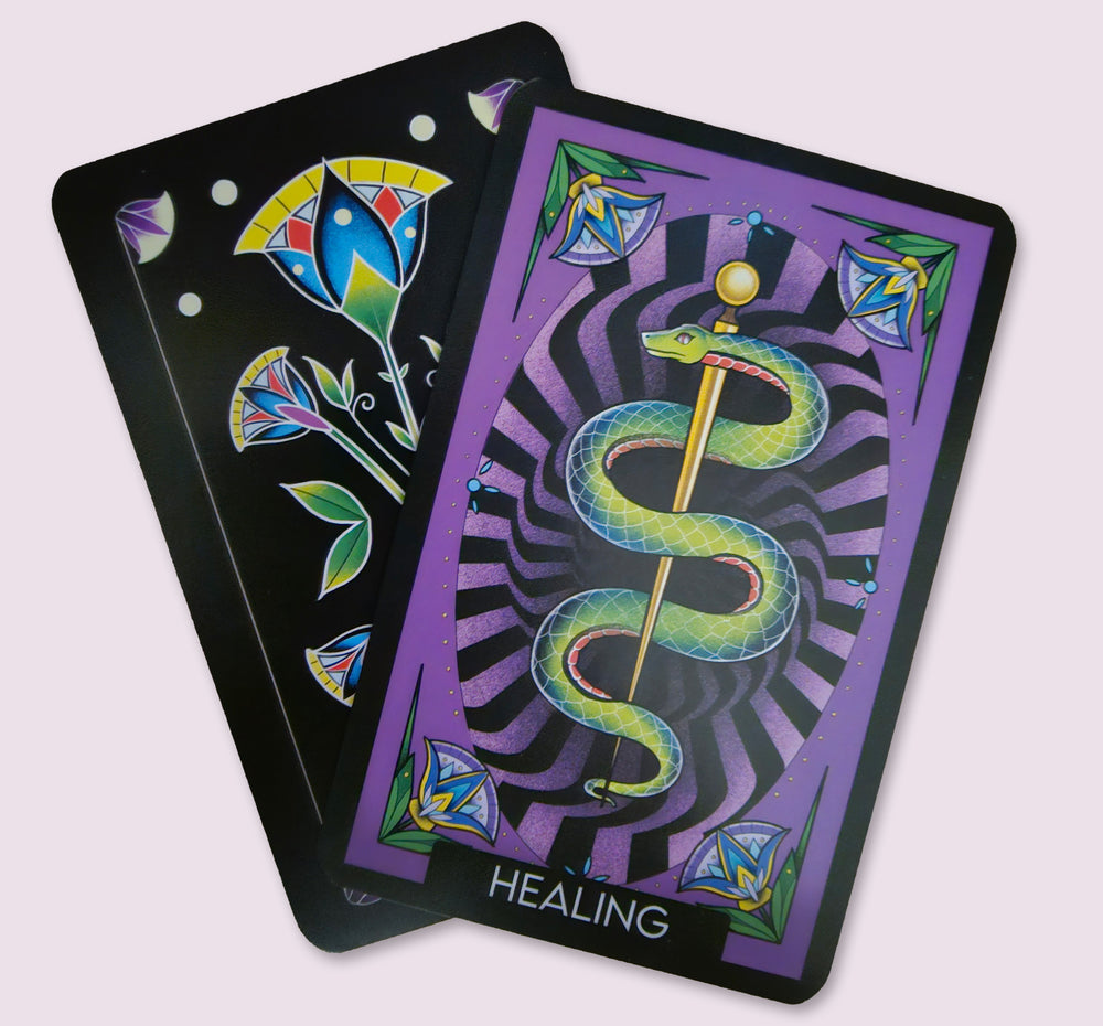 twined around a ceremonial staff against a hypnotic purple occult pattern