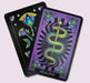 twined around a ceremonial staff against a hypnotic purple occult pattern