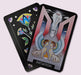 Initiation card from the Initiates Oracle showing twin sphinx guardians, sacred fire, and a mystical hand emerging from an altar