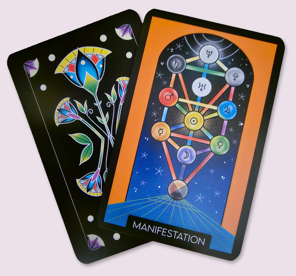 Manifestation card from the Initiates Oracle depicting the Tree of Life with planetary symbols and radiant cosmic pathways