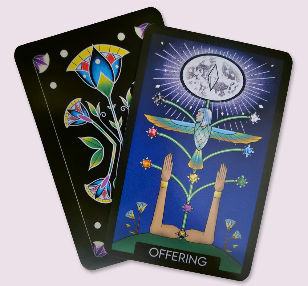 Offering card from the Initiates Oracle featuring a winged figure beneath a radiant moon with symbolic gemstones and raised hands