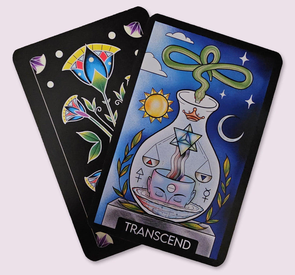 Transcend card from the Initiates Oracle depicting an alchemical vessel, serpent, celestial symbols, and spiritual transformation