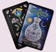 Transcend card from the Initiates Oracle depicting an alchemical vessel, serpent, celestial symbols, and spiritual transformation