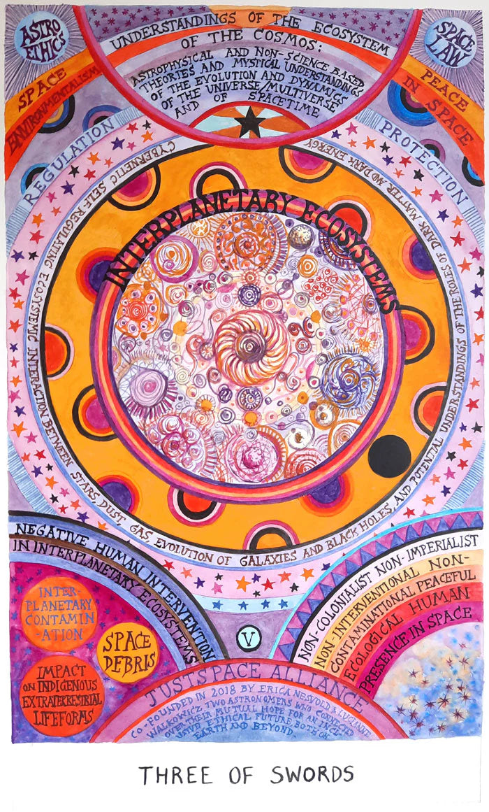 HEXEN 5.0 Three of Swords card depicting interplanetary ecosystems, space ethics, and cosmic systems thinking across planetary environments