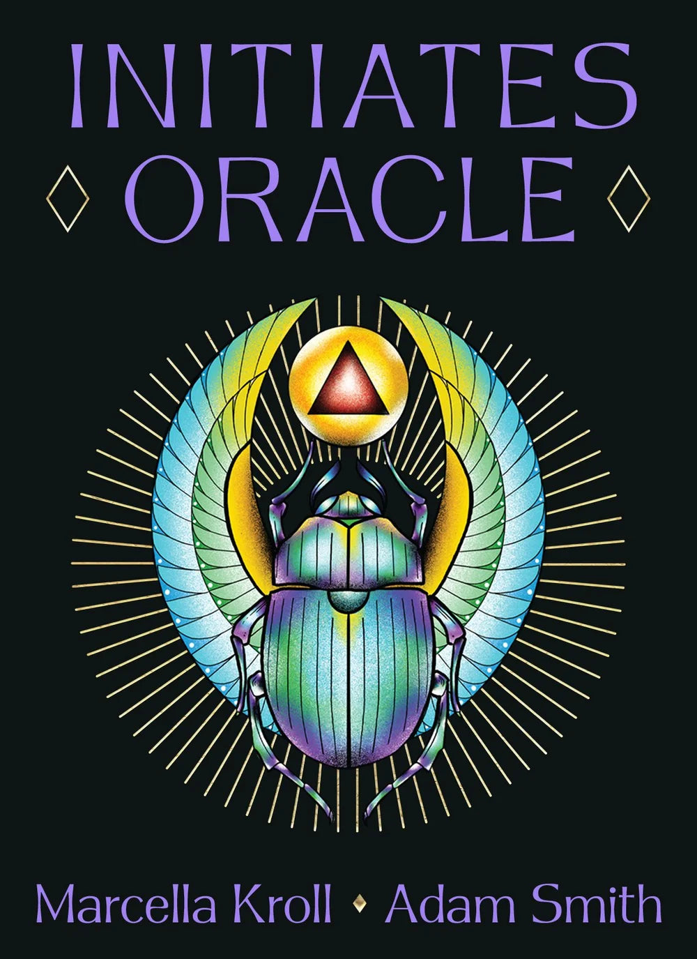 Book cover of 'Initiates Oracle' with a colorful beetle design and purple text on a black background.
