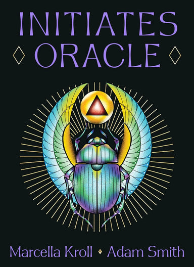 Book cover of 'Initiates Oracle' with a colorful beetle design and purple text on a black background.