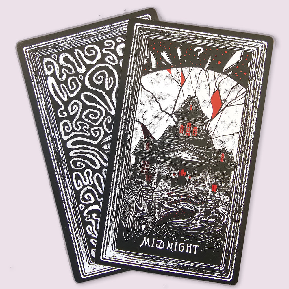 Night Visions Tarot exclusive Midnight card showing a mysterious house at night with red accents and fractured moon imagery