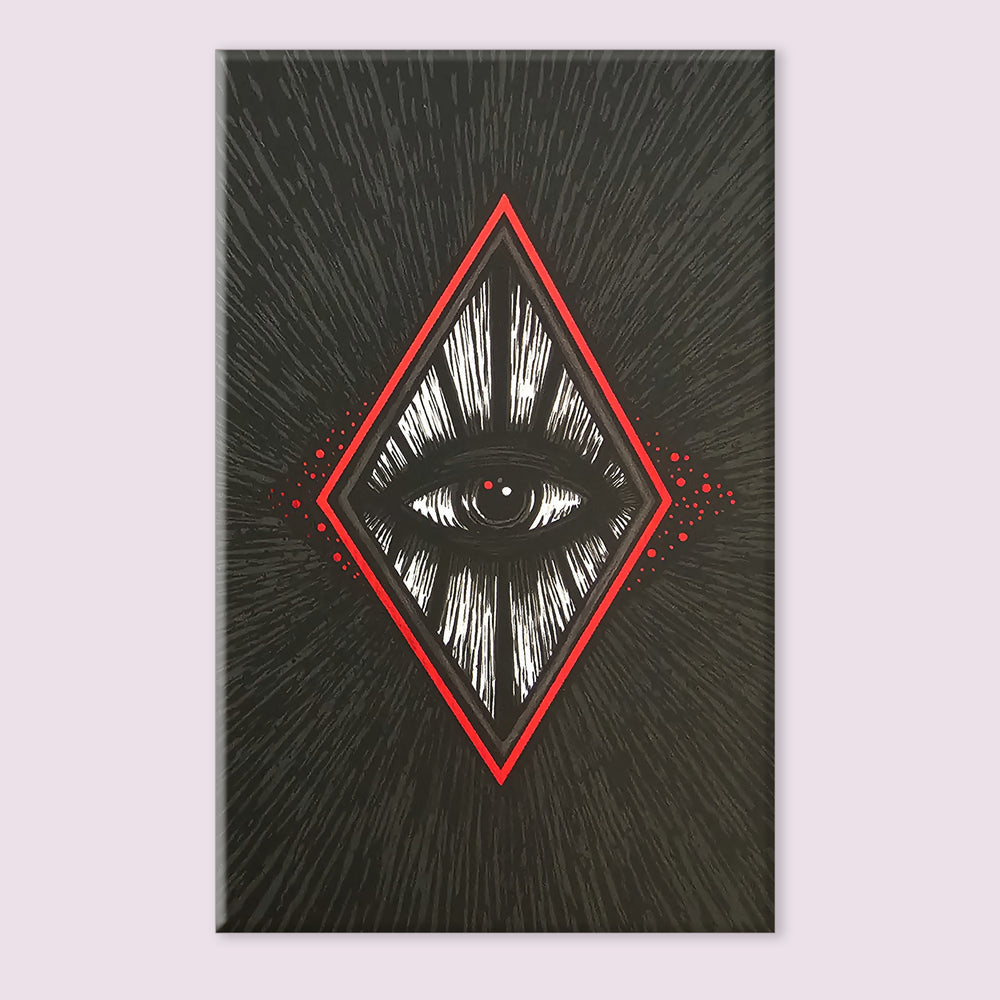 Night Visions Tarot Ace of Pentacles card featuring a moonlit doorway with pentacle symbolism in black and white artwork