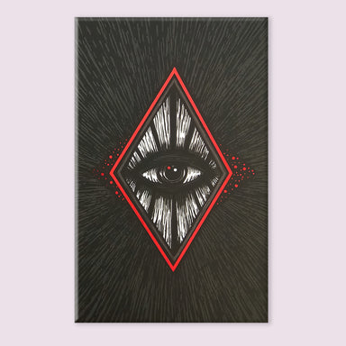 Night Visions Tarot Ace of Pentacles card featuring a moonlit doorway with pentacle symbolism in black and white artwork