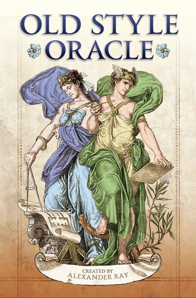 Deck box for Old Style Oracle featuring two classical allegorical figures rendered in a vintage engraving style, with the title “Old Style Oracle” above.