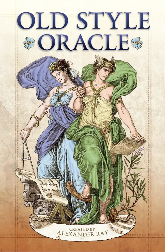 Deck box for Old Style Oracle featuring two classical allegorical figures rendered in a vintage engraving style, with the title “Old Style Oracle” above.