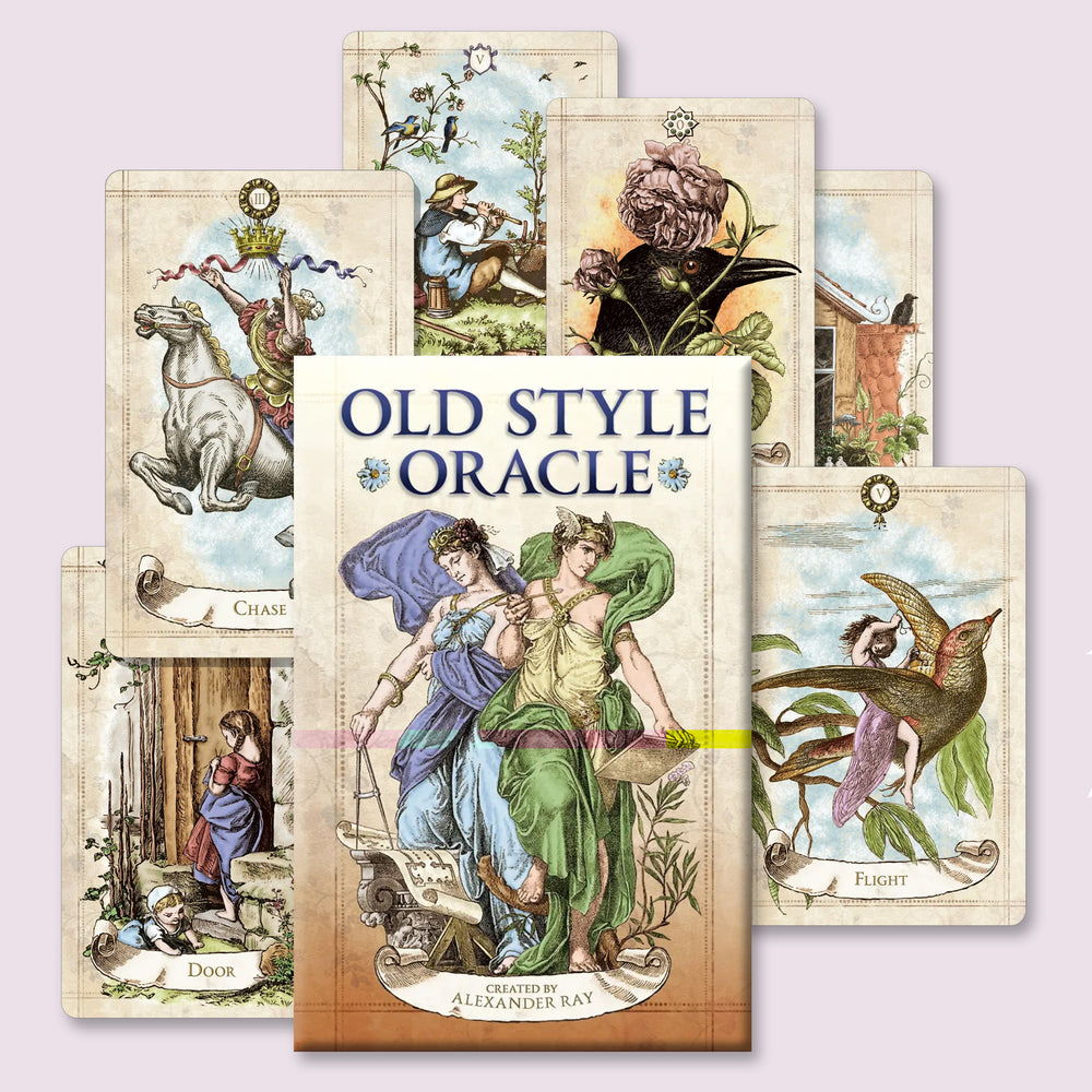 Old Style Oracle deck shown with the box centered and several illustrated cards fanned behind it, featuring vintage engraving-style artwork from the deck.