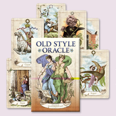 Old Style Oracle deck shown with the box centered and several illustrated cards fanned behind it, featuring vintage engraving-style artwork from the deck.