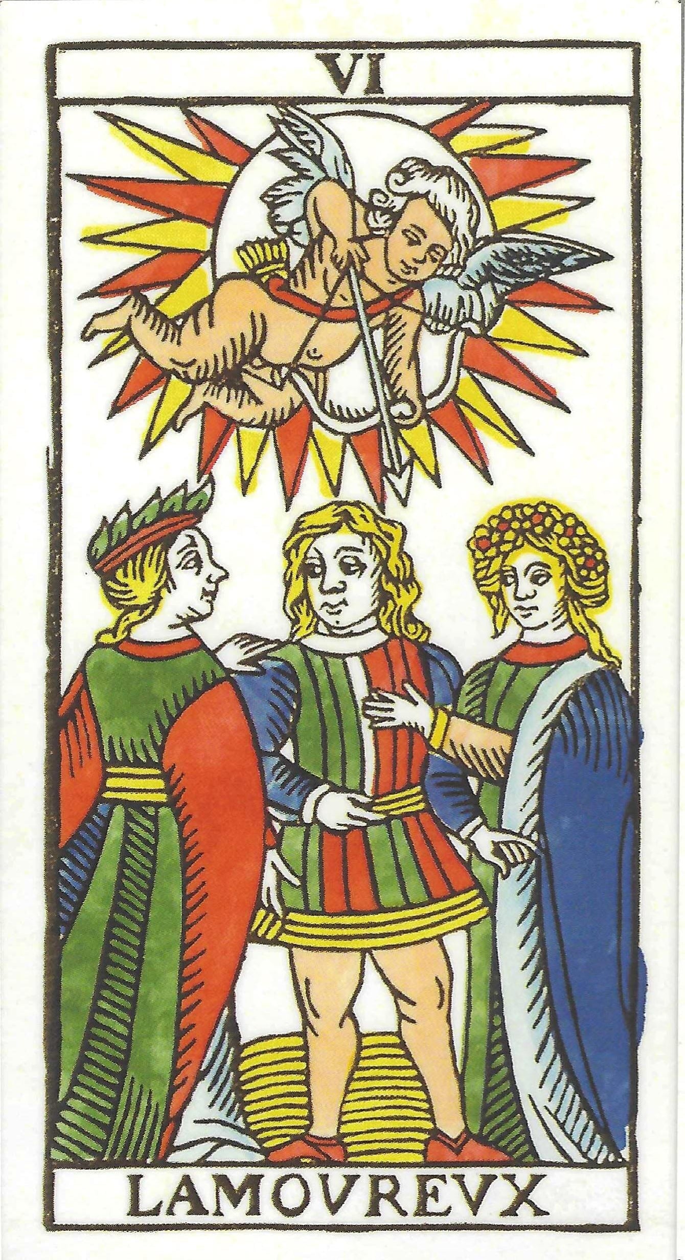 A close-up of the Marseille 1760 Major Arcana deck by Pablo Robledo, showing the bold lines and primary colors characteristic of the tradition