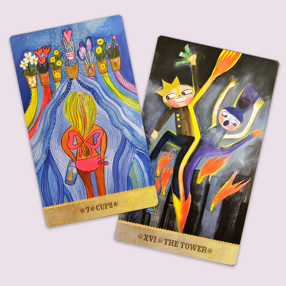 Seven of Cups and The Tower cards from the Playful Heart Tarot