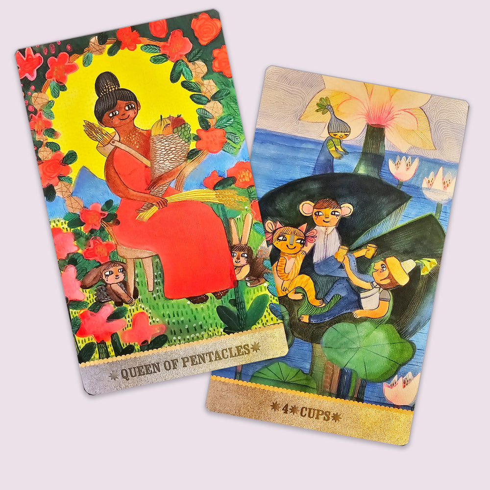 Queen of Pentacles and Four of Cups cards from the Playful Heart Tarot