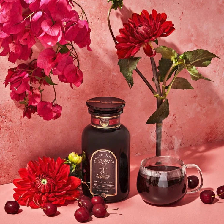 Ruby Moon Herbal Wellness Tea – Hibiscus Elderberry – Violet Glass Apothecary Jar