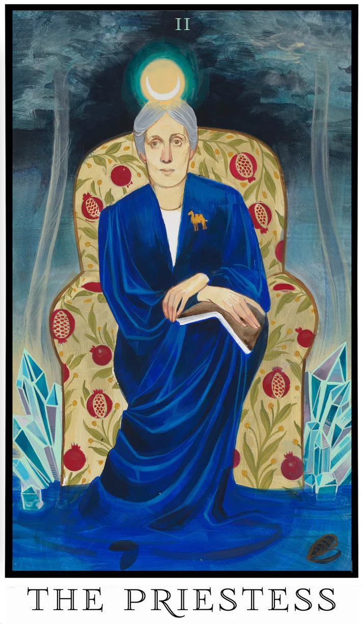 The Priestess tarot card from The Modern Queer Tarot portraying Virginia Woolf seated in quiet contemplation, surrounded by moonlight and symbolic motifs of intuition and inner knowledge.