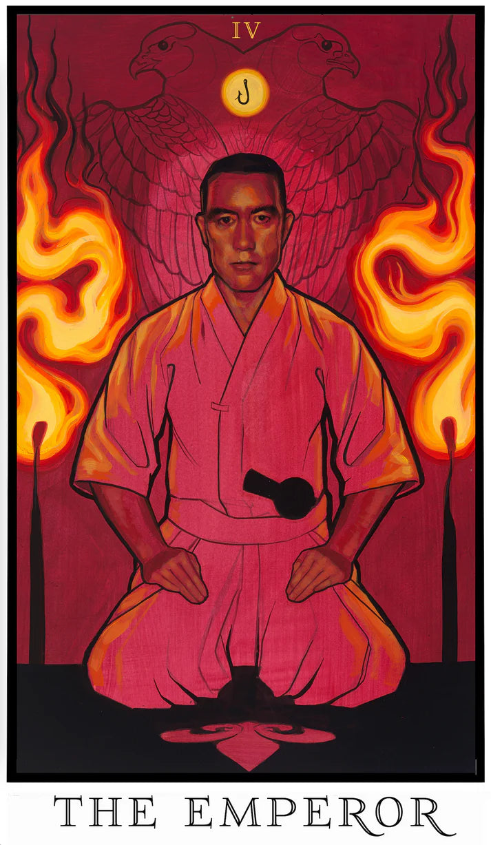 The Emperor tarot card from The Modern Queer Tarot featuring Yukio Mishima in a powerful, symmetrical composition with fiery imagery, symbolizing authority, structure, and control.