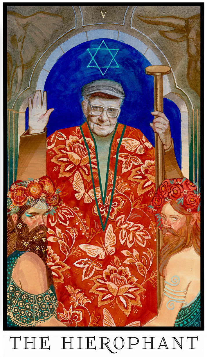 The Hierophant tarot card from The Modern Queer Tarot depicting Harry Hay in ceremonial robes, flanked by symbolic figures, representing tradition, teaching, and collective belief.