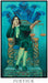 Justice tarot card from The Modern Queer Tarot featuring Oscar Wilde seated with scales, rendered in rich teal and green hues, symbolizing truth, accountability, and moral clarity.