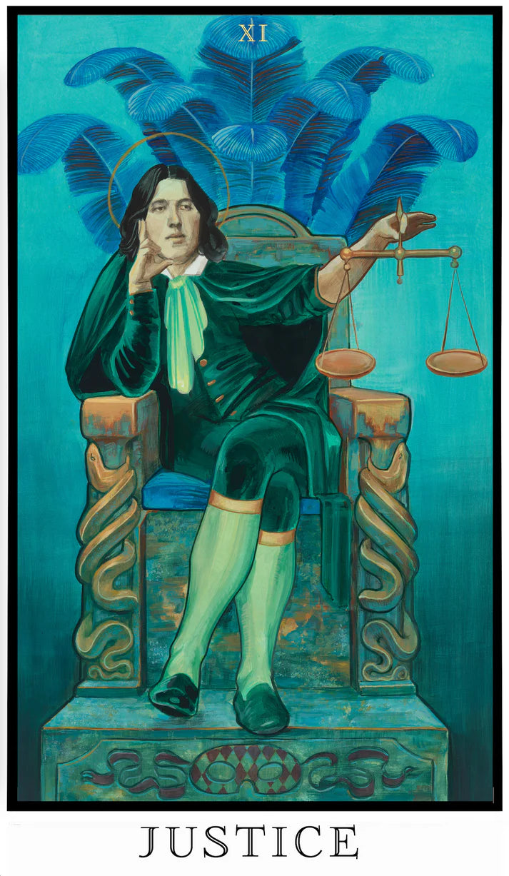 Justice tarot card from The Modern Queer Tarot featuring Oscar Wilde seated with scales, rendered in rich teal and green hues, symbolizing truth, accountability, and moral clarity.