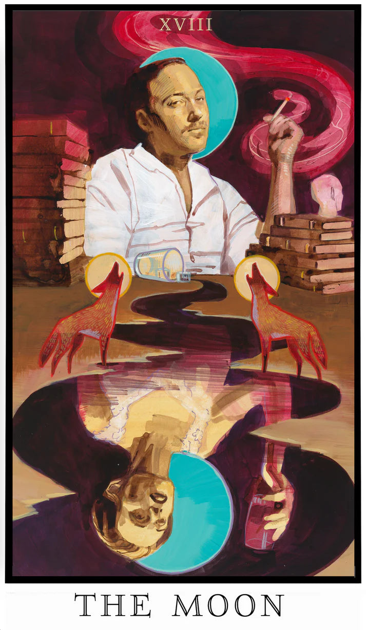 The Moon tarot card from The Modern Queer Tarot portraying Tennessee Williams amid mirrored reflections and nocturnal imagery, representing illusion, emotion, and the subconscious.