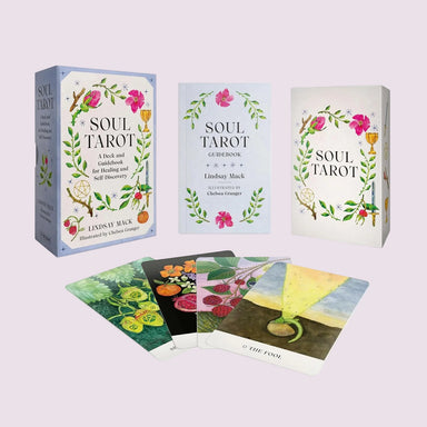 Soul Tarot deck and box set displayed on a white background, including the main box, a guidebook, a smaller box, and several illustrated tarot cards fanned out in front.