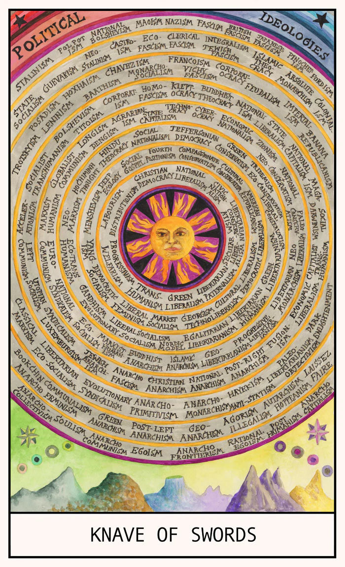 HEXEN 5.0 Knave of Swords card mapping political ideologies in a circular diagram, exploring global systems of governance and power