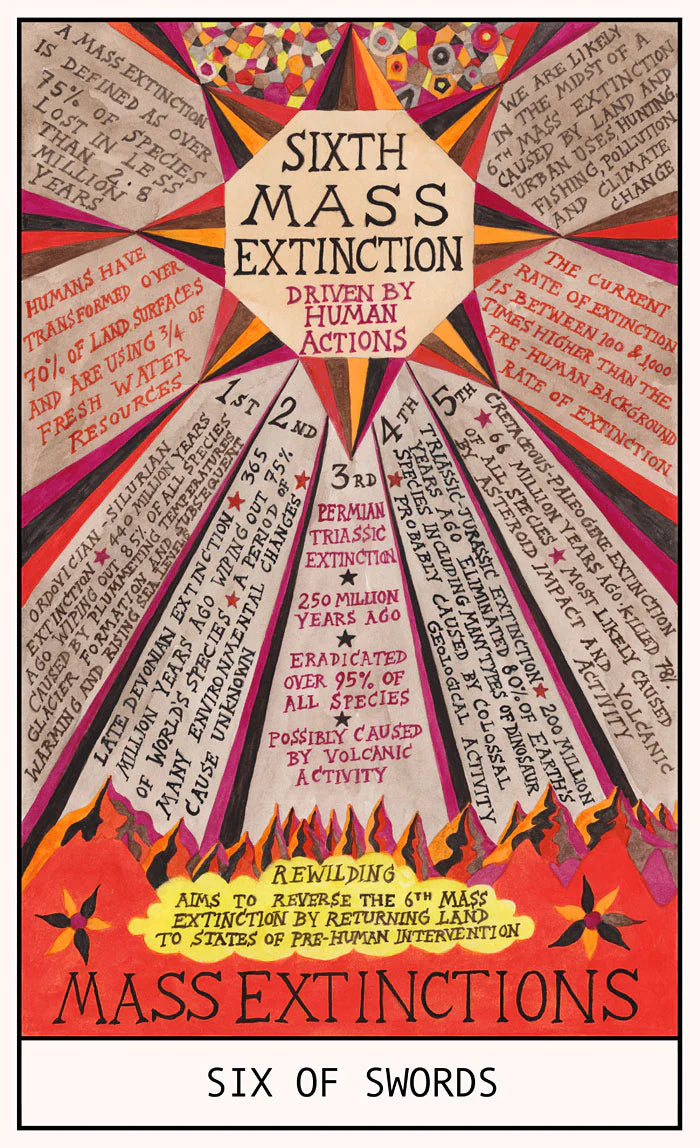 HEXEN 5.0 Six of Swords card illustrating mass extinction events, climate crisis, and human impact on planetary biodiversity