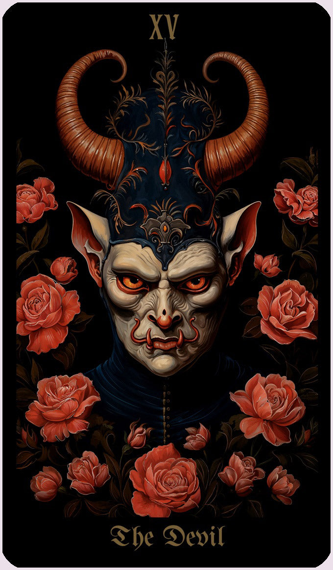 Secret Garden Tarot Devil card illustrated as a horned figure framed by red roses against a dark background.