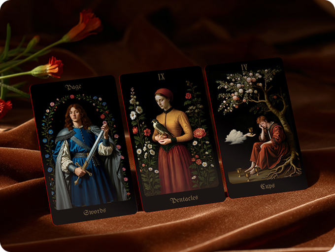 Three Secret Garden Tarot cards shown together, emphasizing detailed artwork and the deck’s cohesive visual style.