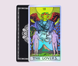 The Lovers card from the Holo Tarot, displaying classic Rider–Waite–Smith artwork with radiant holographic accents and shimmering card borders.