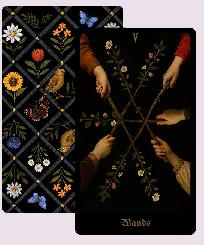 Secret Garden Tarot Five of Wands card showing multiple hands holding flowering branches against a dark background, paired with the botanical-patterned card back.