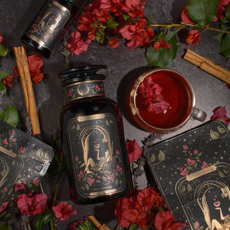 The Lovers Herbal Wellness Tea – Hibiscus Cinnamon Vanilla Love Potion – Violet Glass Apothecary Jar