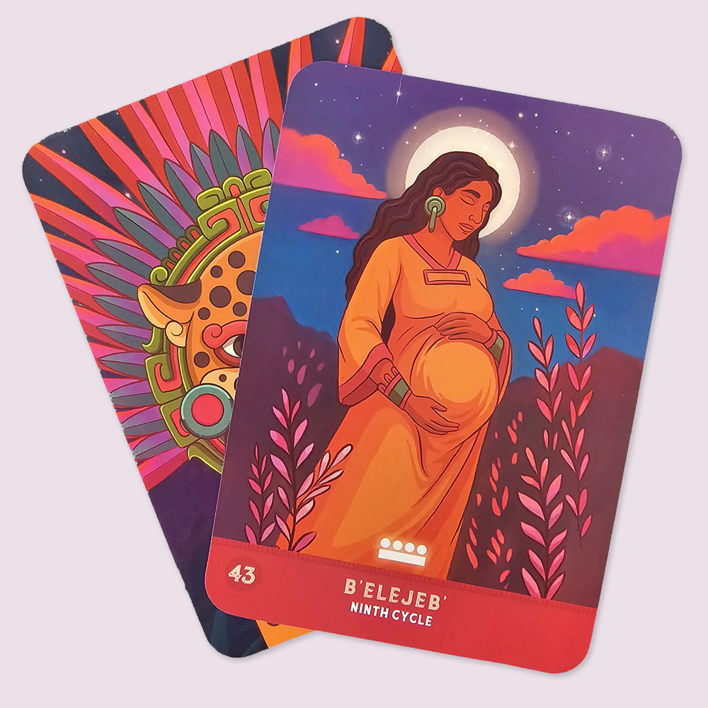 B'elejeb, the Ninth Cycle card from The Mayan Oracle featuring a pregnant figure beneath a glowing moon symbolizing creation, growth, and sacred cycles.