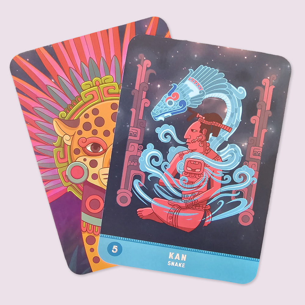 Kan, the Snake card from The Mayan Oracle depicting a ceremonial figure surrounded by flowing serpent energy and cosmic night imagery.