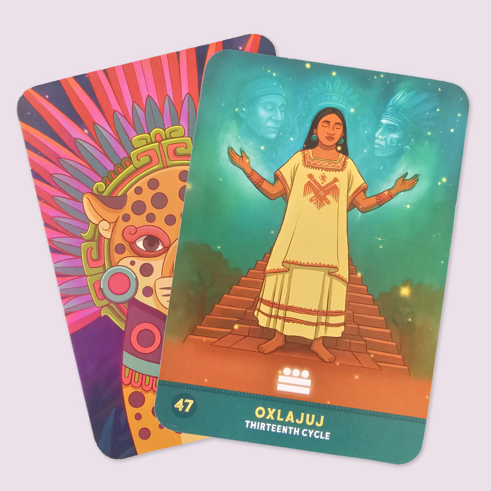 Oxlajuj, the Thirteenth Cycle card from The Mayan Oracle featuring a spiritual figure receiving ancestral guidance before a sacred pyramid beneath glowing stars.