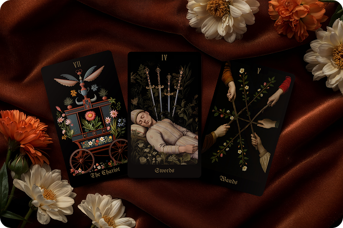 Three-card spread from the Secret Garden Tarot deck, showing illustrated cards arranged together to demonstrate reading layout.