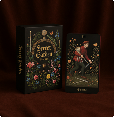 Secret Garden Tarot Seven of Swords card shown alongside the Box Cover, highlighting the detailed illustration and dark background.