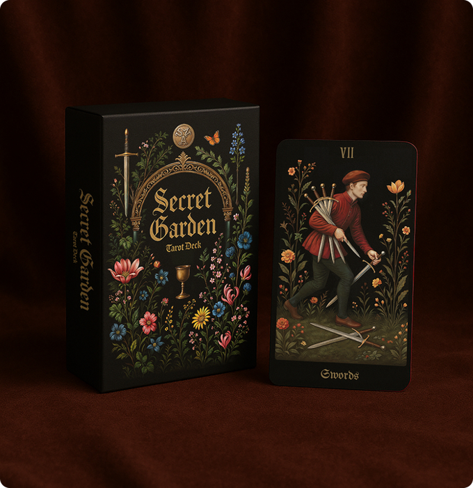Secret Garden Tarot Seven of Swords card shown alongside the Box Cover, highlighting the detailed illustration and dark background.