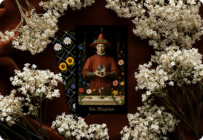 Secret Garden Tarot Magician card illustrated in a Renaissance-inspired style with botanical elements and symbolic tools.