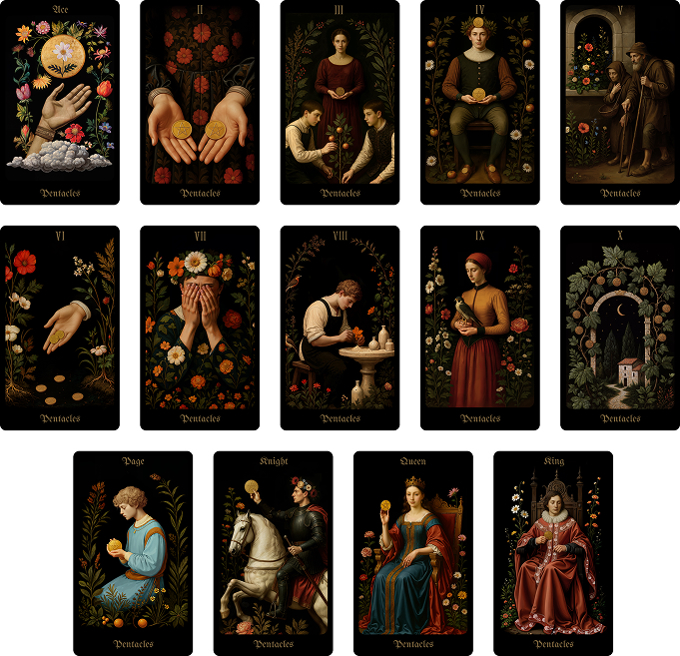 Selection of Pentacles suit cards from the Secret Garden Tarot deck, highlighting botanical motifs and symbolic pentacle imagery.